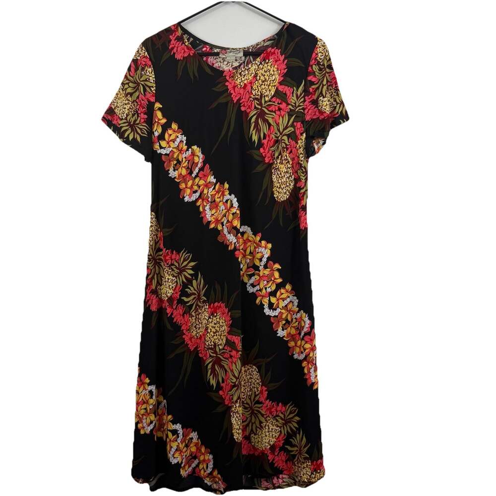 Hilo Hattie Black Pineapple Panel Dress Large Bias Cut Hawaiian Tropical Floral
